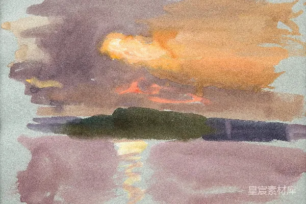 水彩画抽象作品：日落下的水面