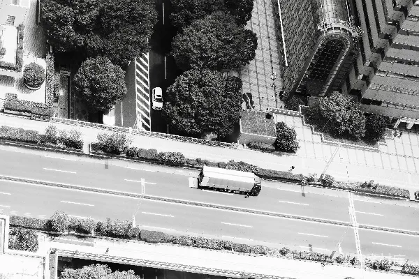 高清摄影 城市街道的航拍图，可以看到树木和建筑物。