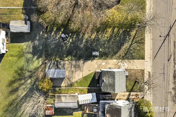 高清摄影 鸟瞰图：房屋、光秃秃的树木和道路。