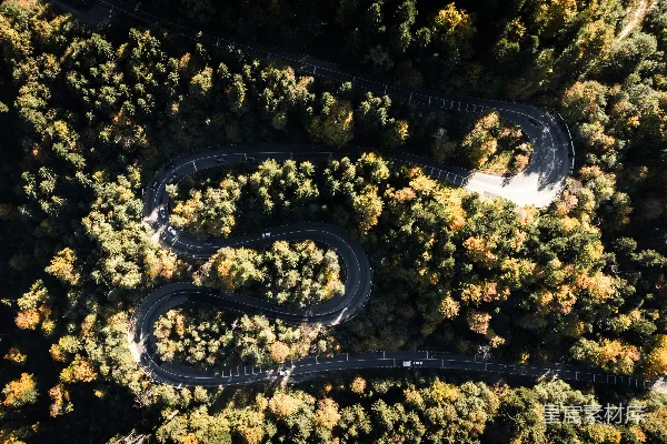 高清摄影 一条蜿蜒的道路被树木环绕的俯瞰图