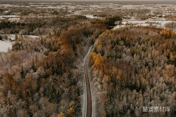 高清摄影 黄昏时分，覆盖着积雪的森林小路和阴沉的天空