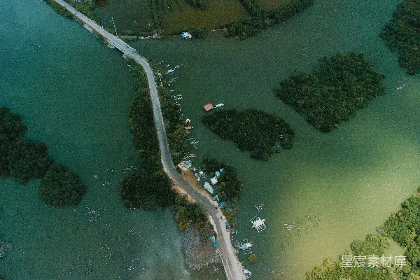 高清摄影 白天，道路两侧是绿色的树木和一片水域的空中俯瞰图。