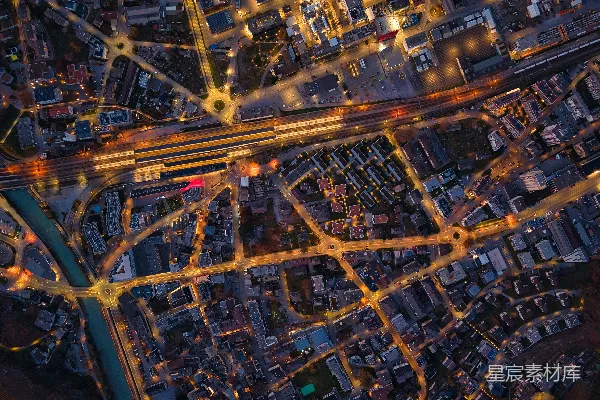 高清摄影 夜晚灯火辉煌的城市空中俯瞰图。