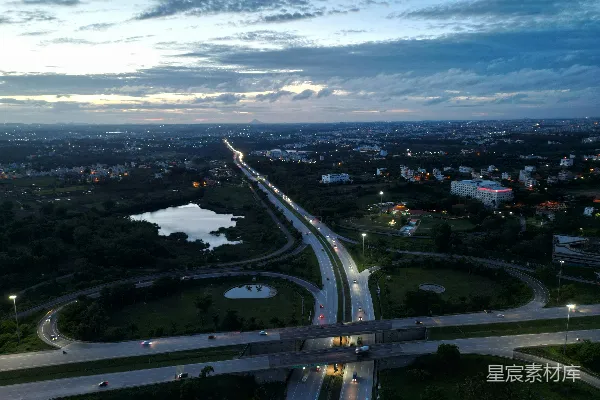 高清摄影 黄昏时分的高速公路互通航拍图