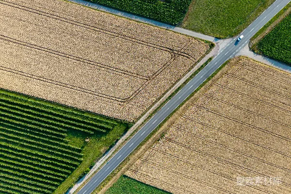高清摄影 俯瞰一条穿过不同农业田地交叉路口的公路。