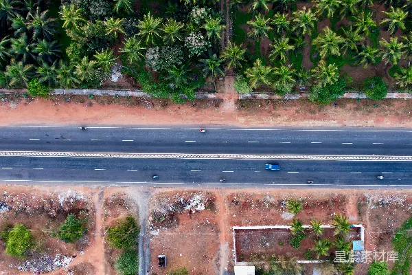高清摄影 空中俯瞰一条被棕榈树环绕的道路