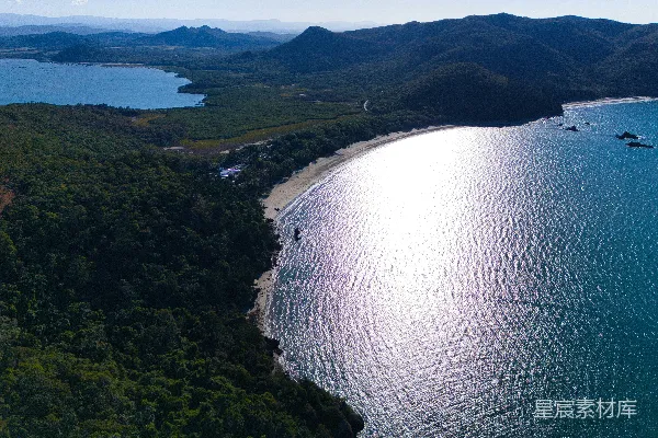高清摄影 俯瞰一片郁郁葱葱的海岸线，与大海相接。
