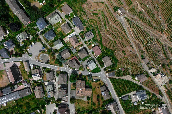 高清摄影 住宅区附近的梯田葡萄园中的房屋和道路。