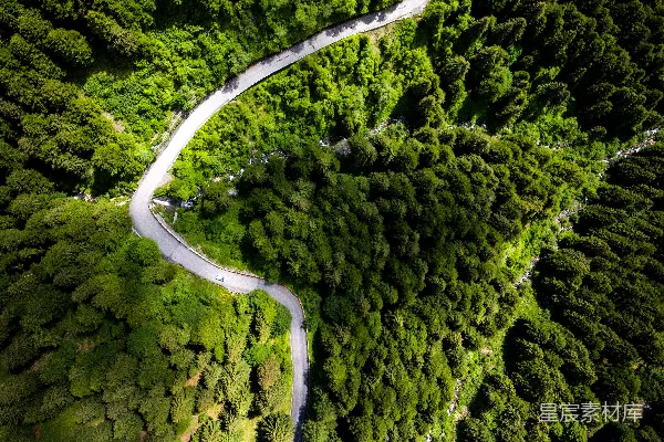高清摄影 一条蜿蜒的公路穿过郁郁葱葱的森林的空中俯瞰图。