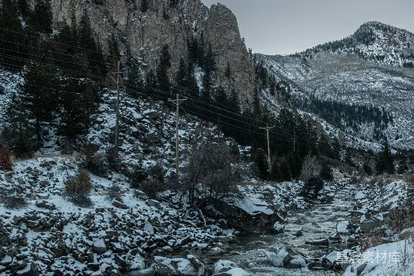 高清摄影 一条河流穿过覆盖着白雪的森林