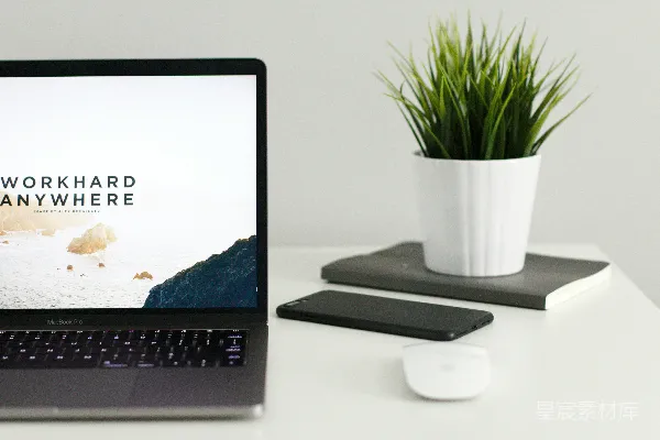高清摄影 苹果MacBook Pro放在桌子上的绿色盆栽旁边。