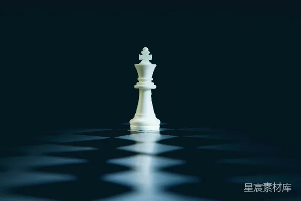 高清摄影 一个白色的棋王棋子矗立在黑色棋盘上。