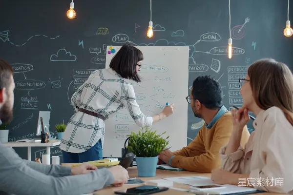 高清摄影 在办公室里，团队成员围绕着白板进行协作。