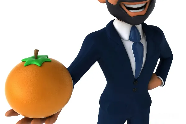 高清摄影 一个穿着西装的3D人手里拿着一个橙子。