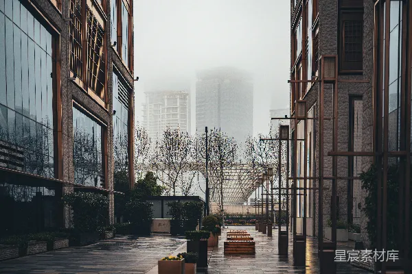 高清摄影 一条城市街道，背景是高大的建筑物。