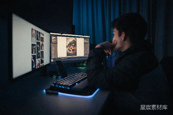 高清摄影 穿着黑色连帽衫的男人坐在电脑前