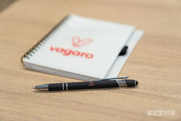 高清摄影 一支带Vagaro标志的笔和记事本放在木制表面上。