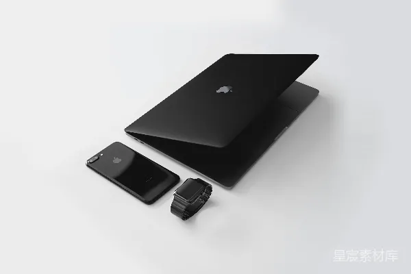 高清摄影 黑色的Macbook靠近黑色的iPhone 7 Plus和黑色的Apple Watch。