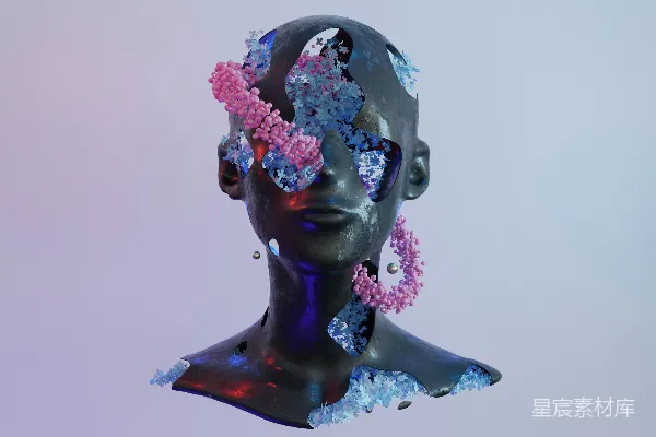 高清摄影 一个黑人模特，头上插着粉蓝相间的花。