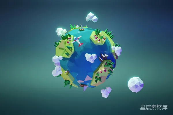 高清摄影 一个低多边形的地球模型，带有树木和云朵。