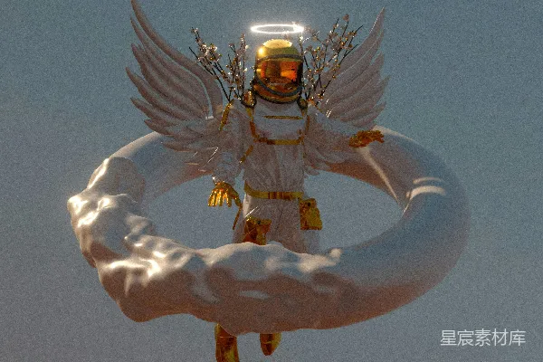高清摄影 天空中有一尊天使雕像，手里拿着一枚戒指。
