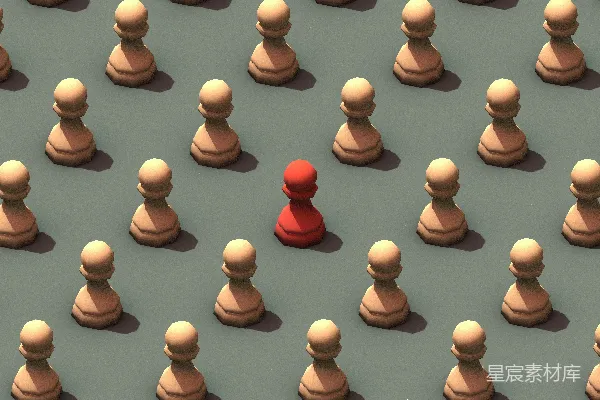 高清摄影 一枚红色的象棋子被一群木制的象棋子包围。