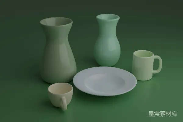 高清摄影 一组花瓶和一个盘子放在绿色的表面上