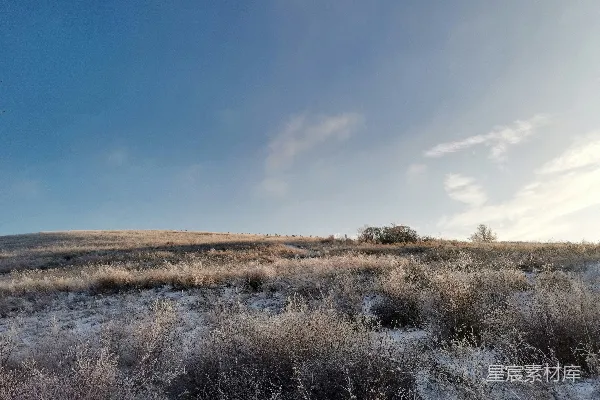 高清摄影 一片覆盖着积雪的田野，背景是蓝天。
