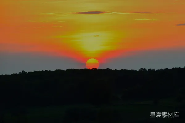 高清摄影 夕阳正洒落在远处的树木上。