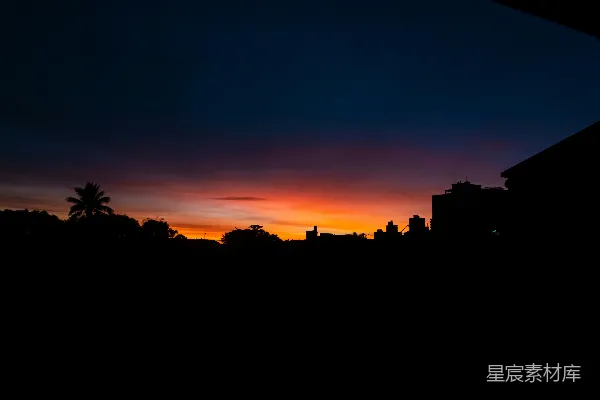 高清摄影 夕阳绚烂，树木和建筑物剪影分明