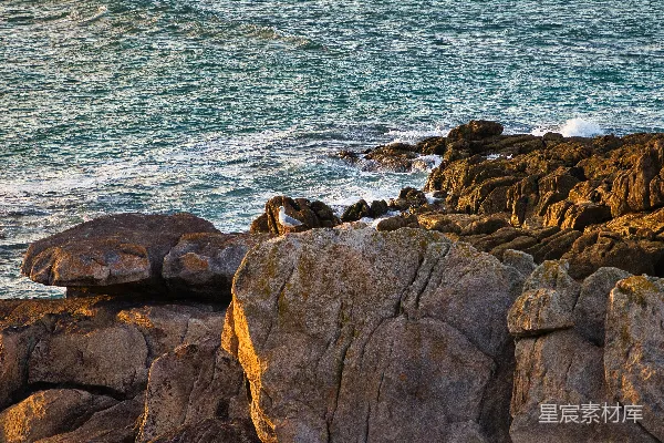 高清摄影 一个岩石海滩，背景中有片水域。