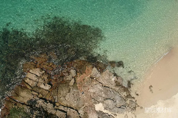 高清摄影 棕色的岩石海岸，绿树成荫，还有水体。