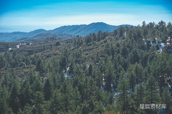 高清摄影 一座山脉的远景，前景中有树木。