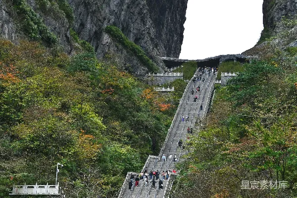 高清摄影 石拱门，长长的台阶和秋天的落叶。