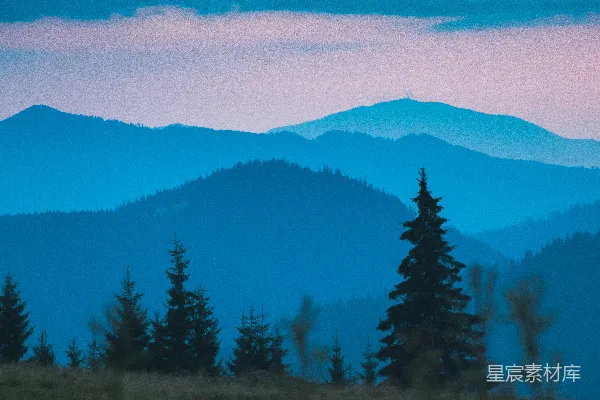 高清摄影 一座山脉的远景，前景中有树木。