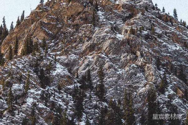 高清摄影 被积雪覆盖的山，周围环绕着松树。