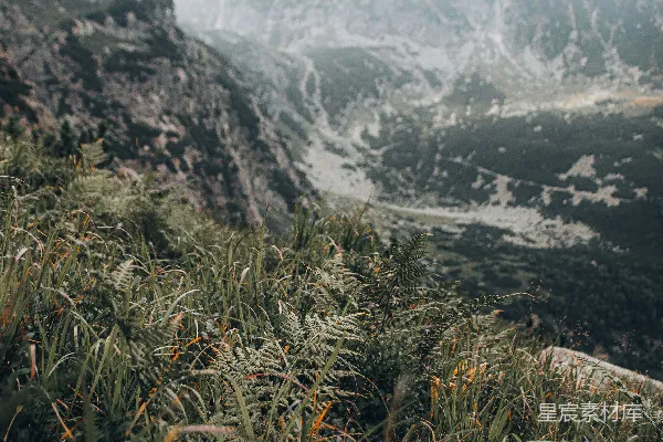 高清摄影 一片山峦的景象，前景中有草地。