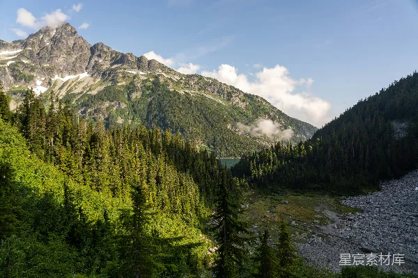 高清摄影 白天，山下绿树成荫，天空湛蓝。