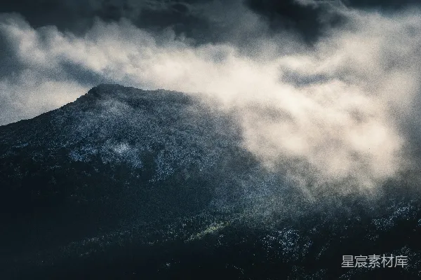 高清摄影 一座被云雾笼罩的山峰上，有一只鸟飞过。