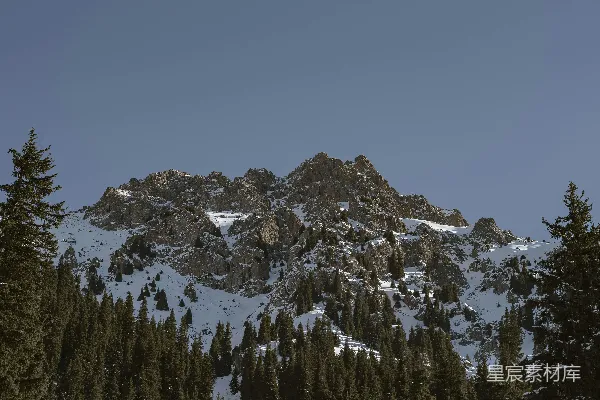高清摄影 一座覆盖着积雪的山，山脚下有树木。