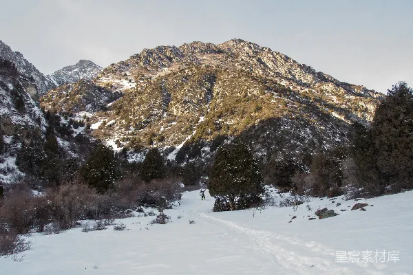 高清摄影 被雪覆盖的山上有雪地足迹