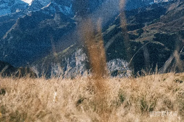 高清摄影 白雪覆盖的山峰矗立在一片干枯的草地上。
