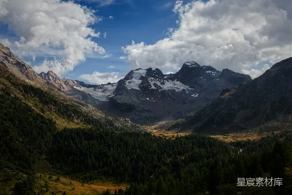 高清摄影 一座山脉的远景，前景中有树木。