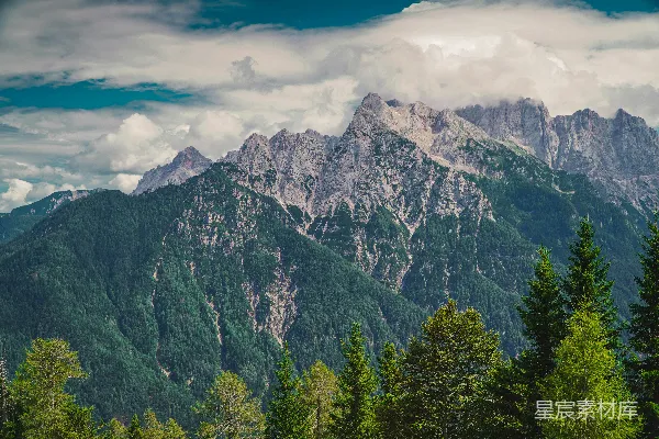 高清摄影 一幅山峦的远景，前景中有树木。