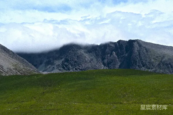 高清摄影 一片草地，背景是山脉。