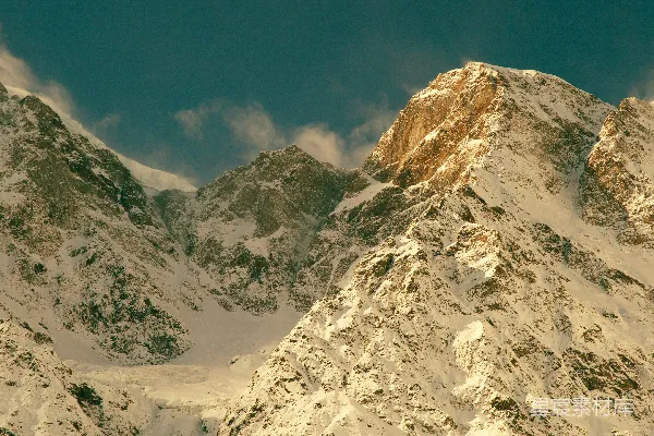 高清摄影 被雪覆盖的山峰，前景中有树木。