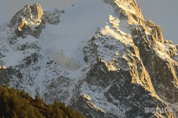 高清摄影 白雪覆盖的山峰，下方有一片松树林。