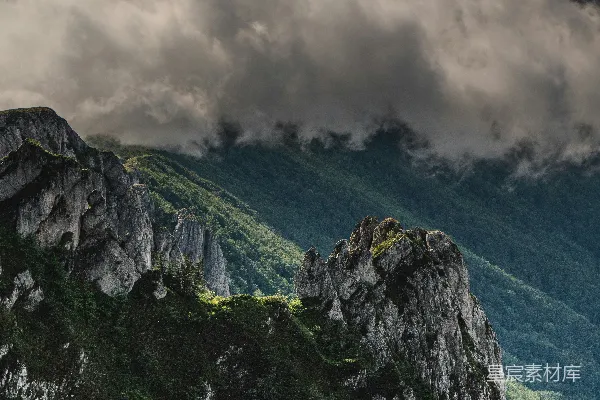 高清摄影 白天阴云密布的天空下，山上的绿树。