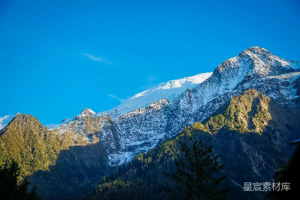 高清摄影 覆盖着雪的山脉，前景中有树木。