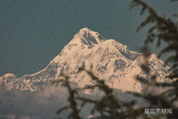 高清摄影 透过树枝，可以看到一座被雪覆盖的山。